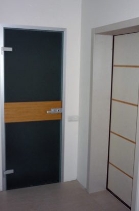 Матовые стеклянные двери с деревянной вставкой в квартире